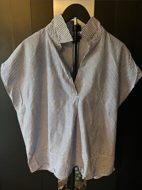 DKNY Striped Blue and White Women's V-Neck Collared Top